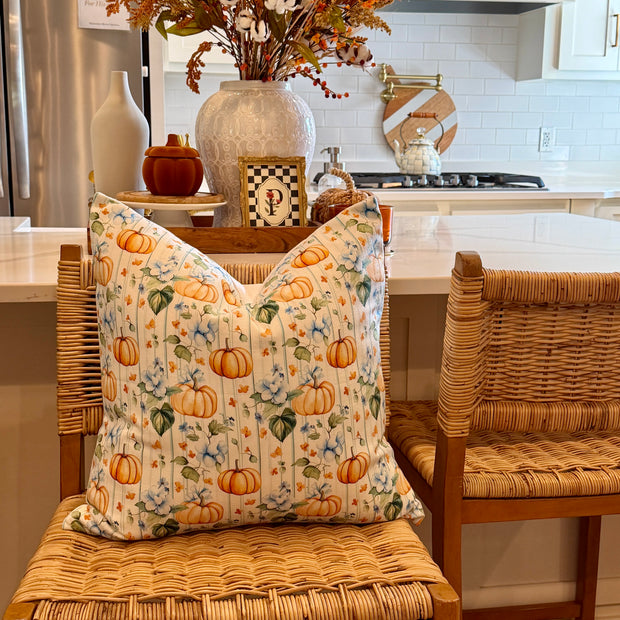 PUMPKIN AND STRIPES PILLOW COVER, 22"X22" FINISHED SIZE , HIDDEN ZIPPER
