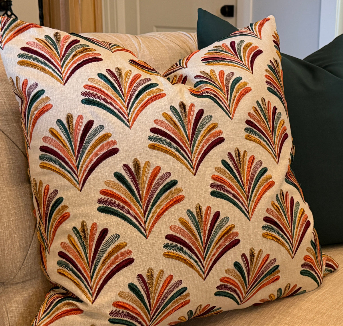 FALL EMBROIDERED FAN PILLOW COVER, 22"X22" FINISHED SIZE, HIDDEN ZIPPER