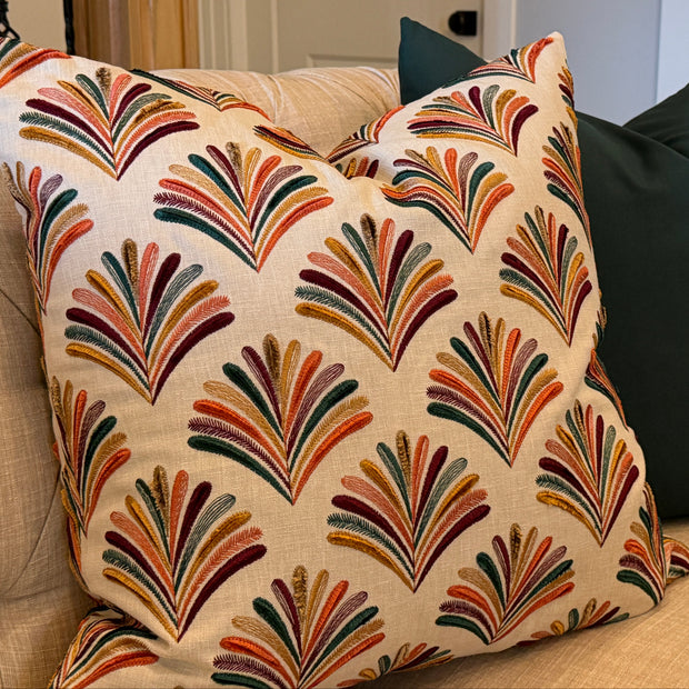 FALL EMBROIDERED FAN PILLOW COVER, 22"X22" FINISHED SIZE, HIDDEN ZIPPER