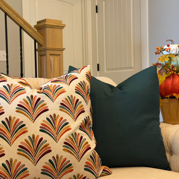 FALL EMBROIDERED FAN PILLOW COVER, 22"X22" FINISHED SIZE, HIDDEN ZIPPER