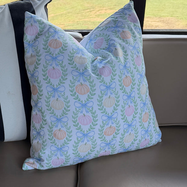 PASTEL PUMPKINS & BOWS PILLOW COVER, 22"X22" FINISHED SIZE , HIDDEN ZIPPER